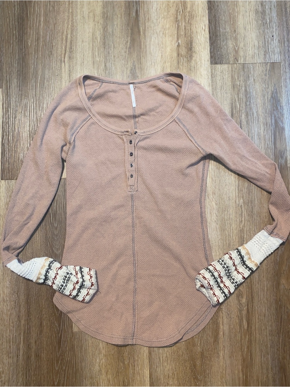 Free People Dusty Rose Henley with Patterned Cream Cuffs